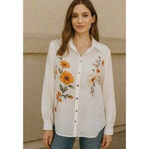 Women Shirt Blouse Top XL Long Sleeve Button Collared Office Casual Bohemian